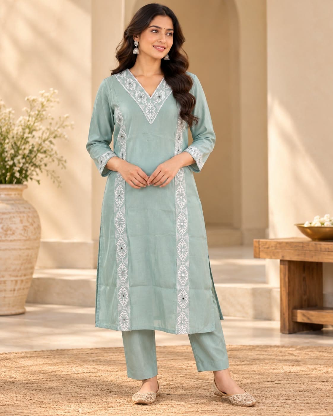 Elegant Sea Green Embroidered Co-ord Set(M)
