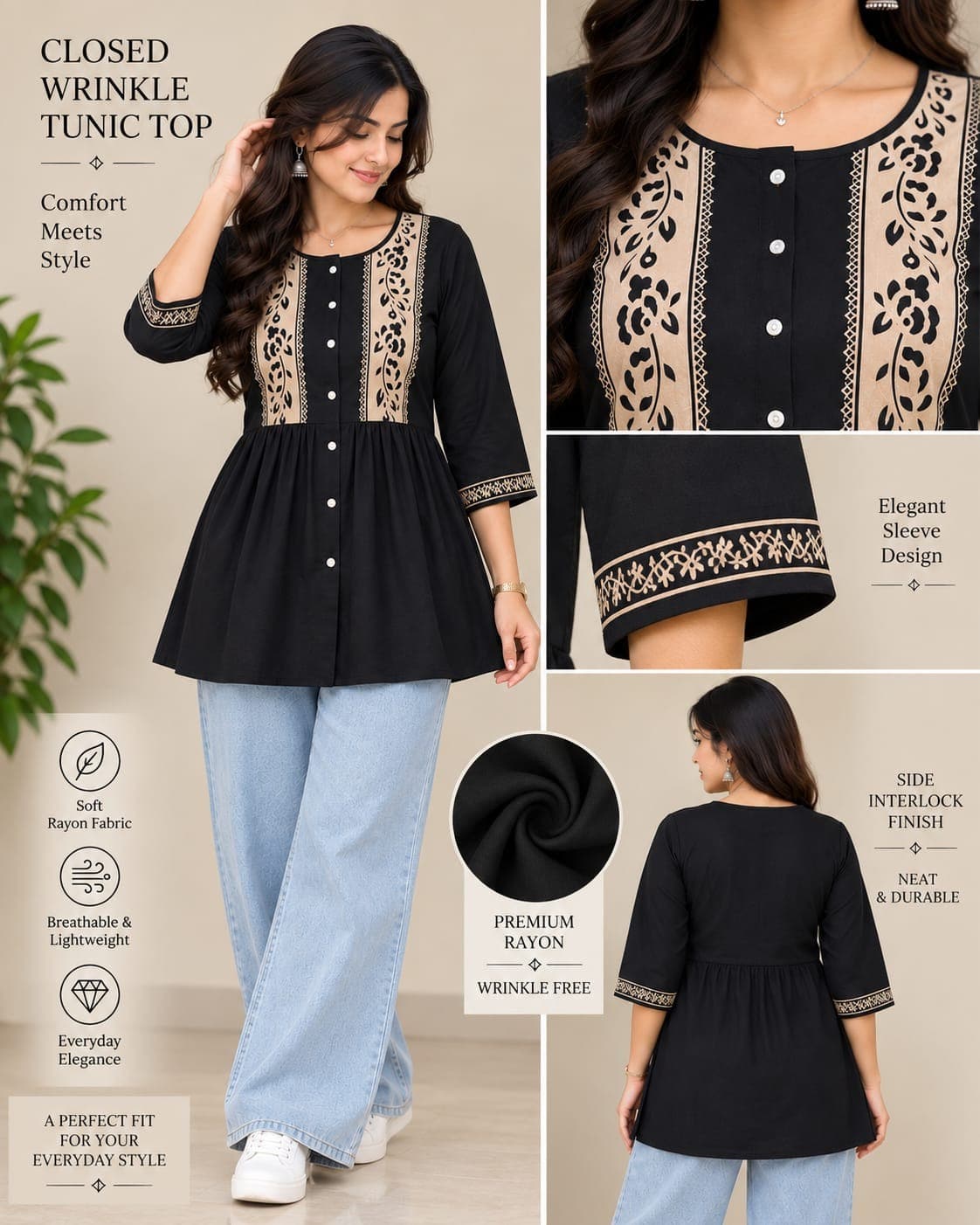 Rayon Wrinkle Tunic - (M/L/XL)(Black)