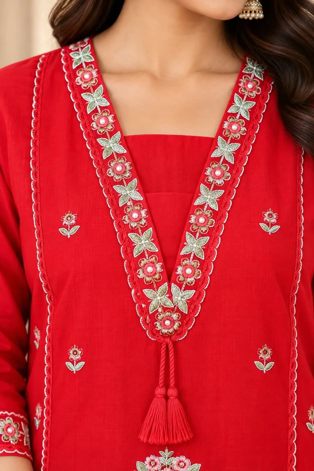 Elegant Red Mulmul Cotton Suit Set(M) - Image 2