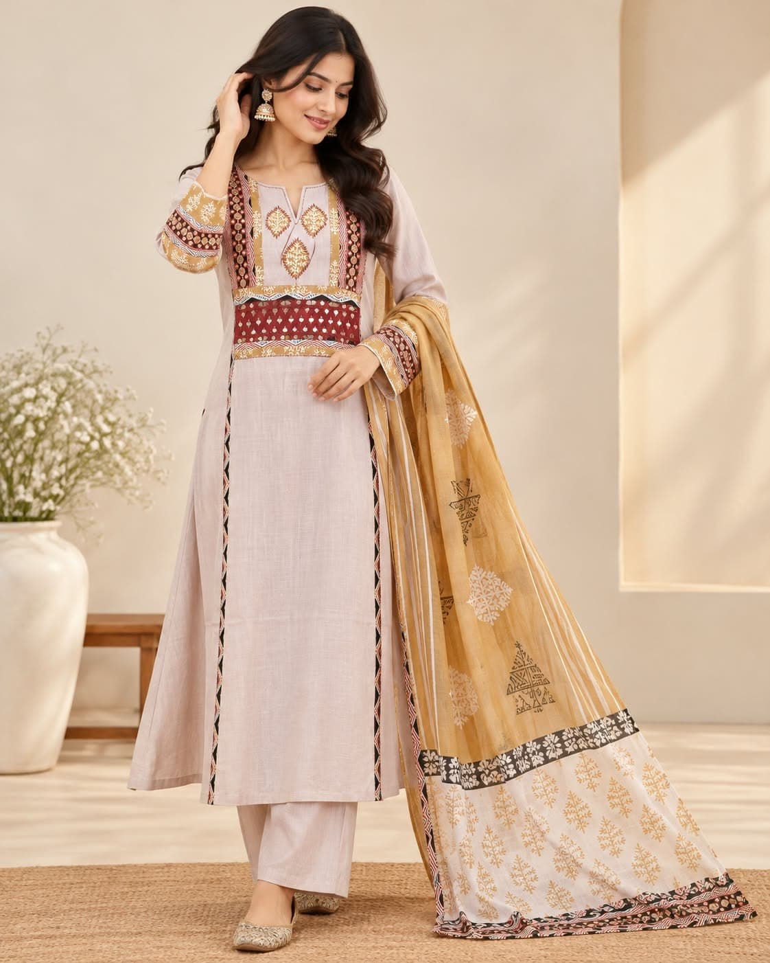 Chanderi Silk Ethnic Suit Set(M/Peach Pink) - Image 2