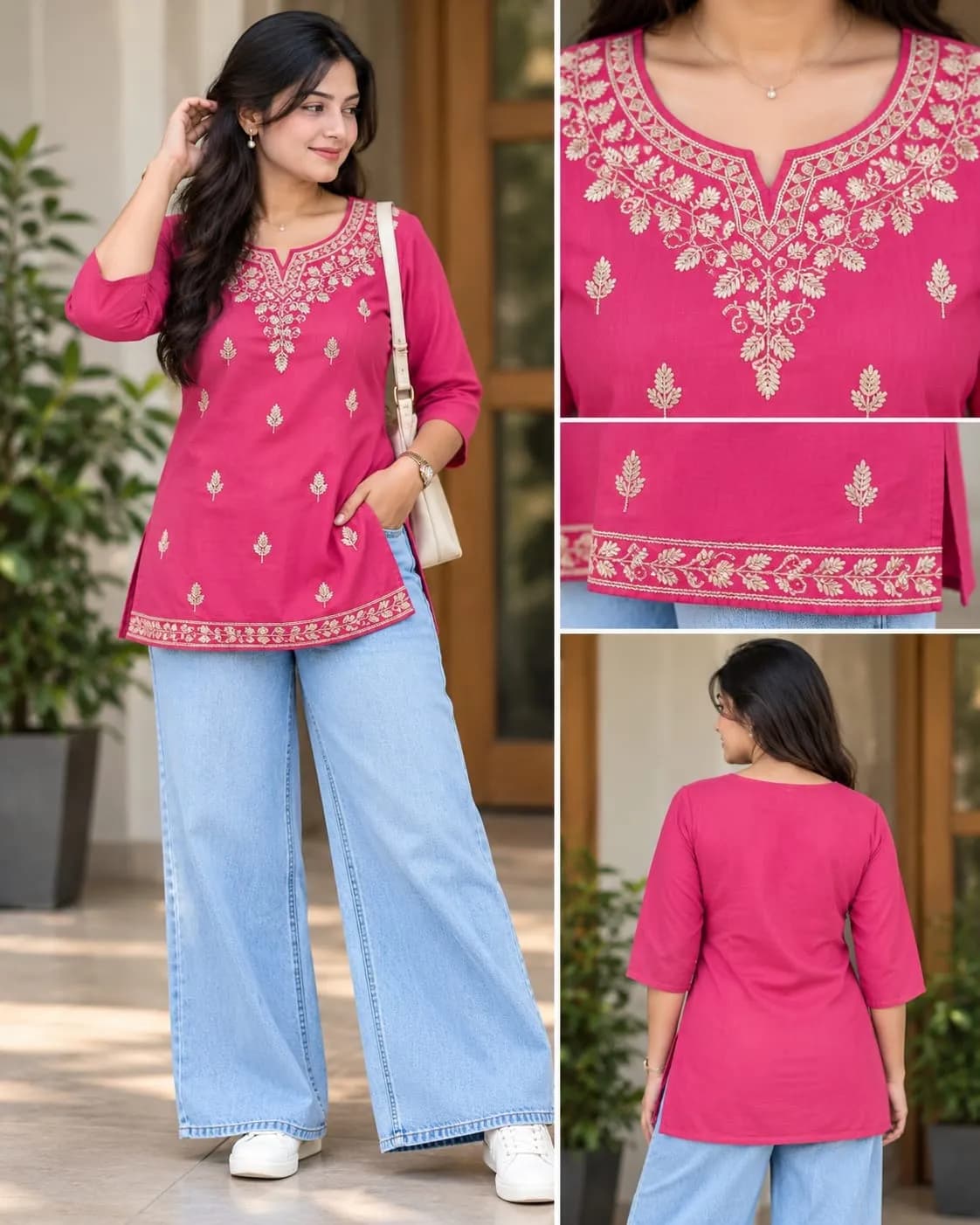 Straight Short Kurti With Side Interlock ( M/L/XL )(Pink)