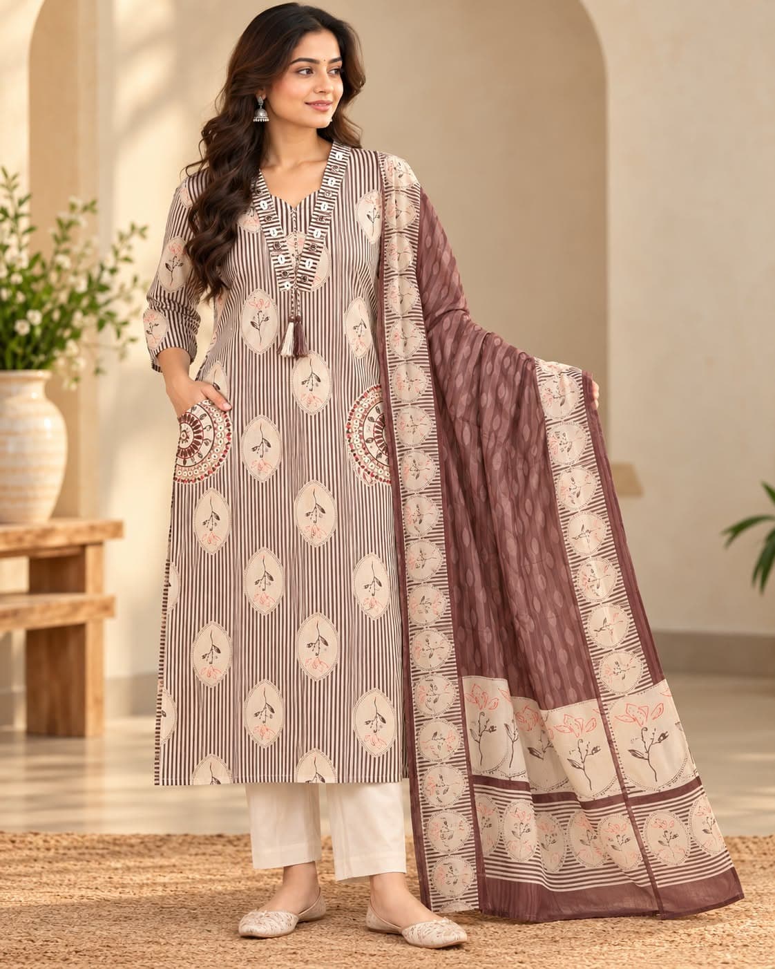 Elegant Mulmul Cotton Plus Size Suit(3XL/Maroon Brown)