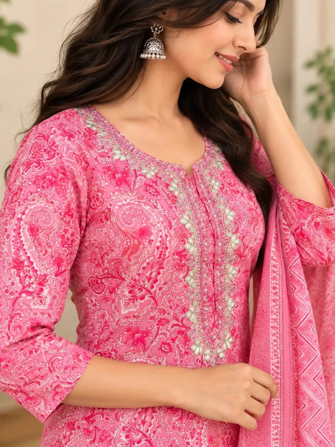 Cotton Three Piece Set Kurti - Pink(M) - Image 4