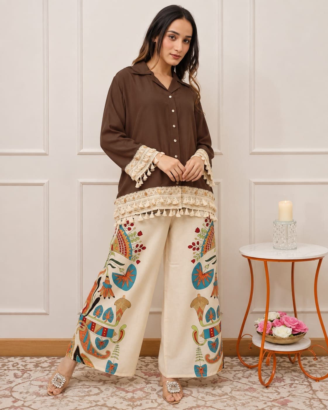 Co-ord Set Kurti Knee Length (Brown)(M)