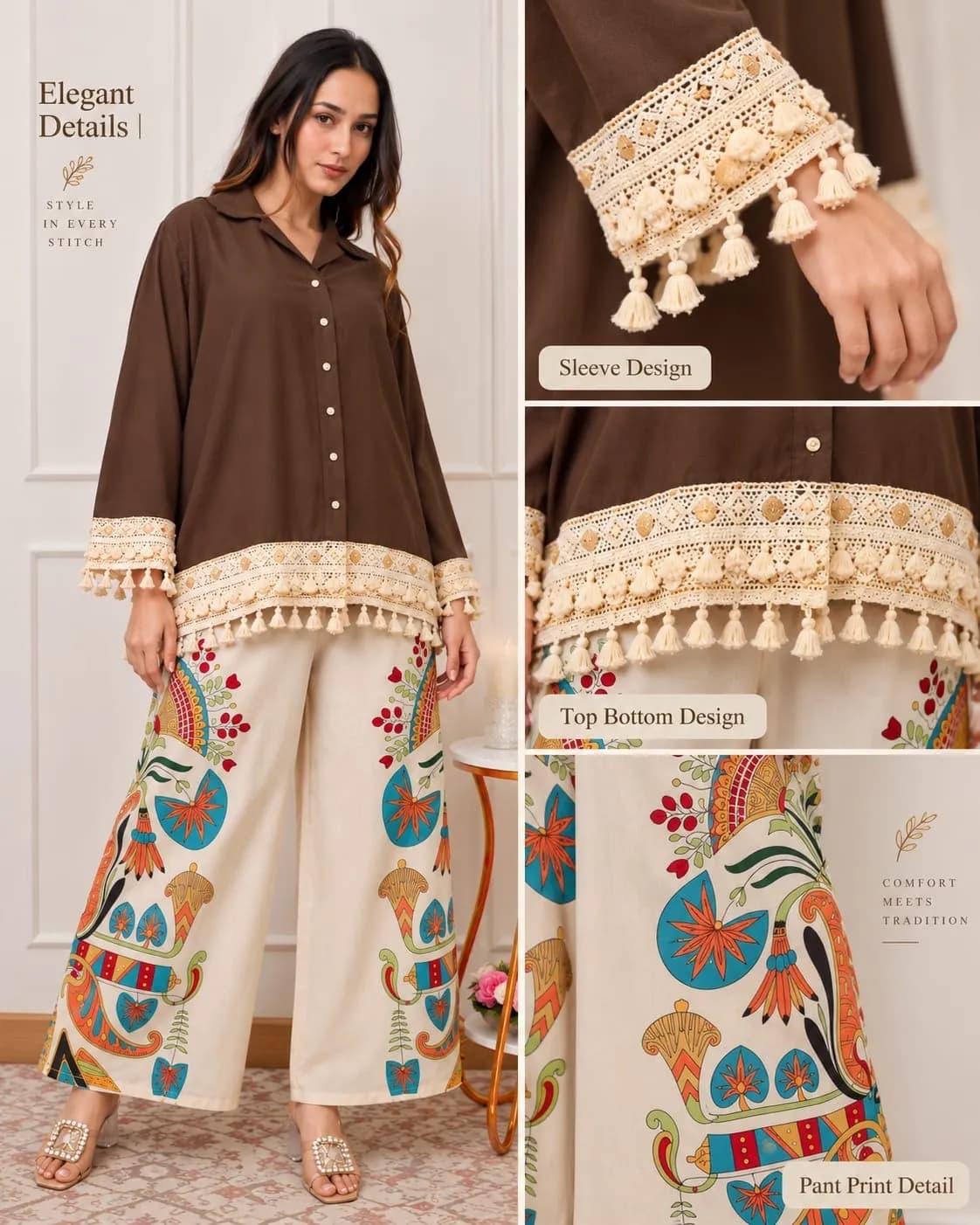 Co-ord Set Kurti Knee Length (Brown)(M) - Image 3