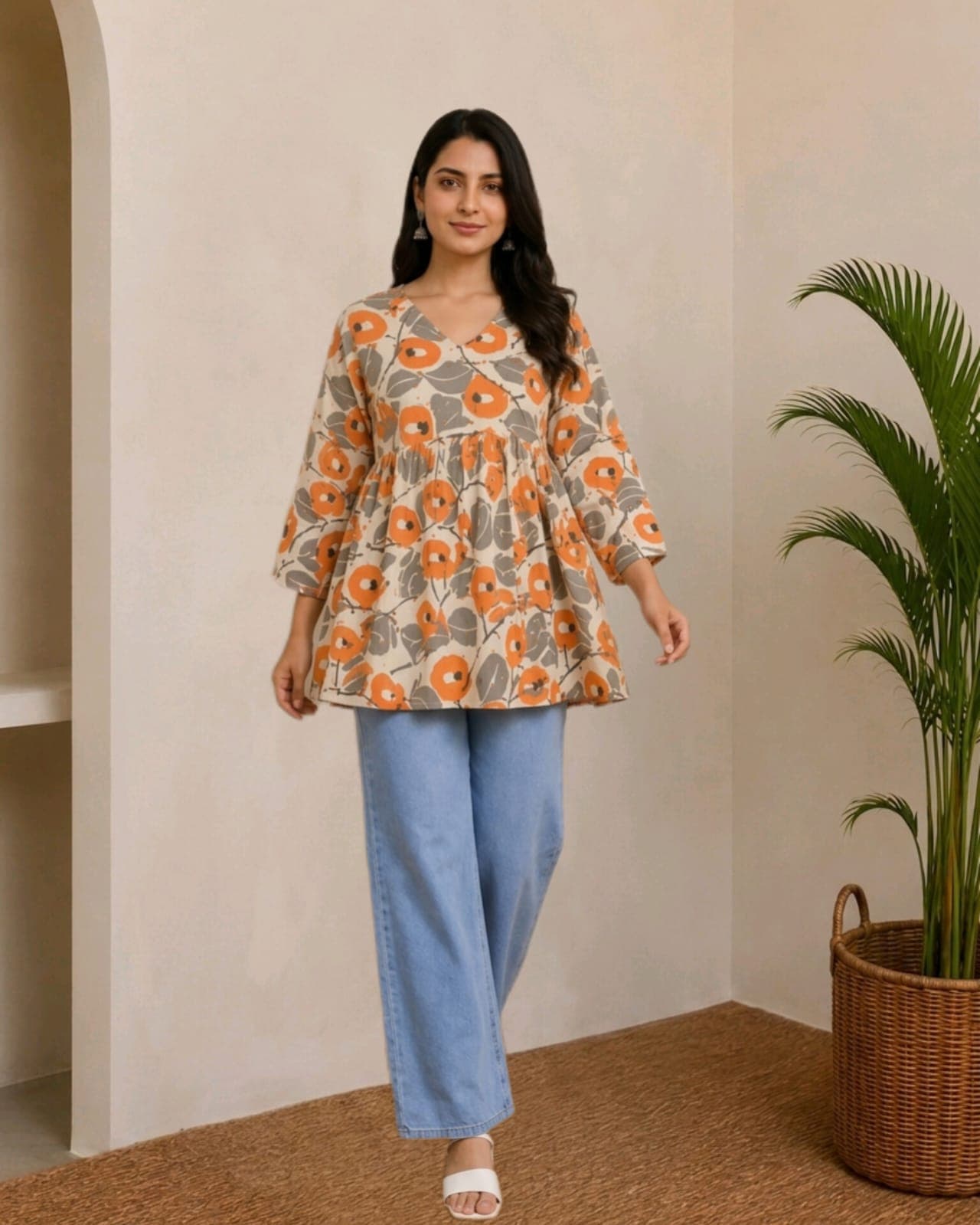 Peplum Short kurti (White and Grey)(S)