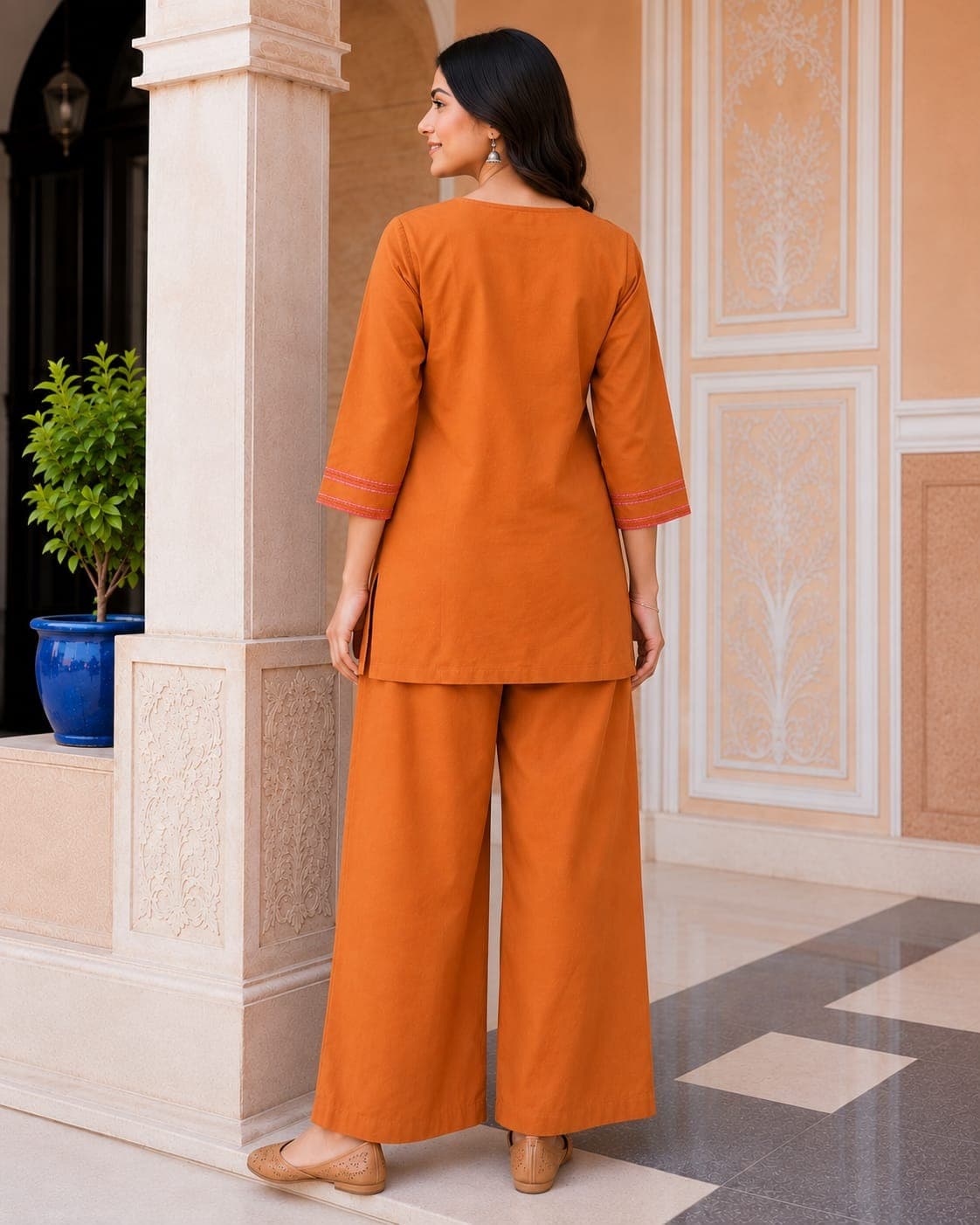 Co-ord Set Kurti Knee Length (Rust Orange)(M) - Image 4