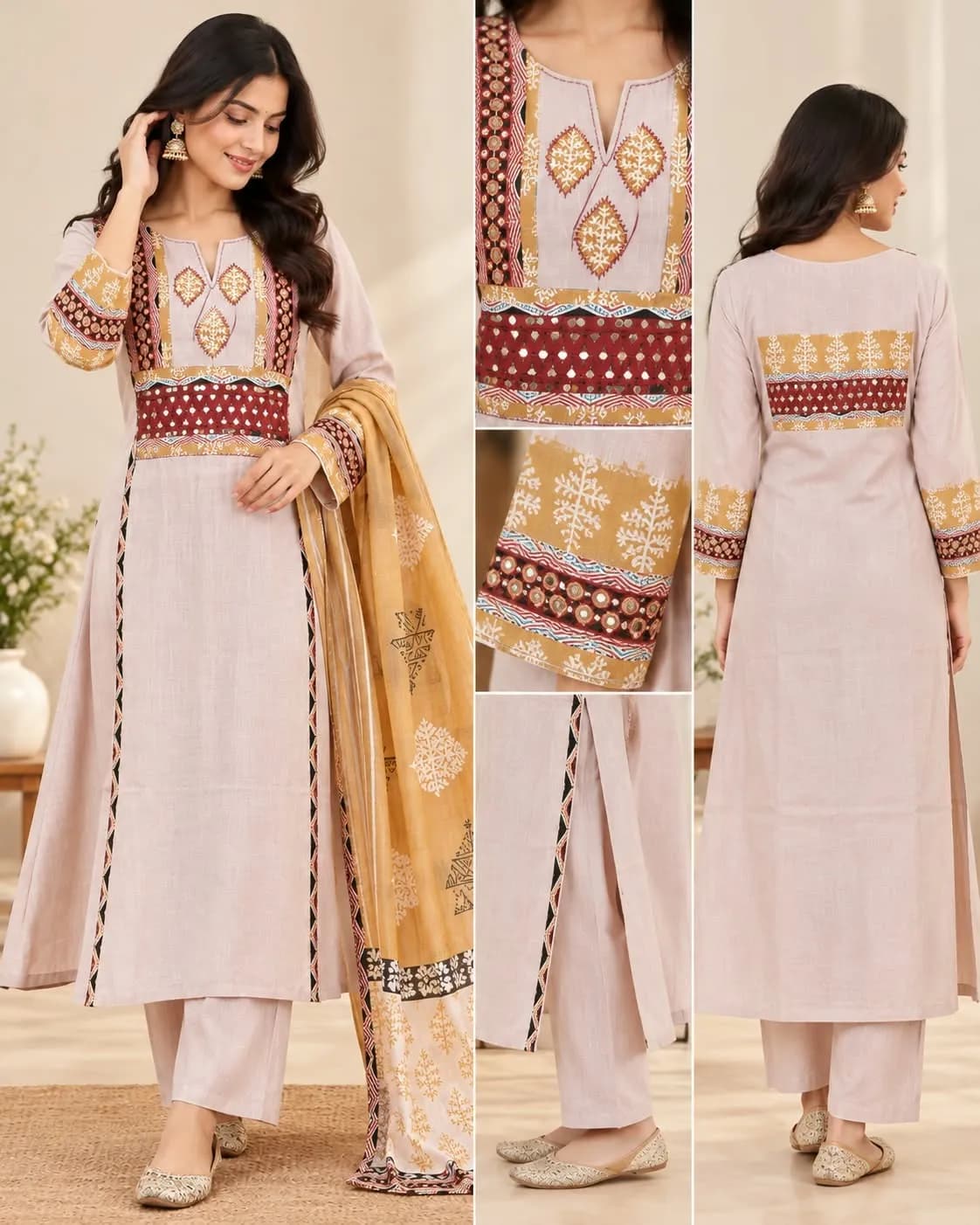 Chanderi Silk Ethnic Suit Set(M/Peach Pink)