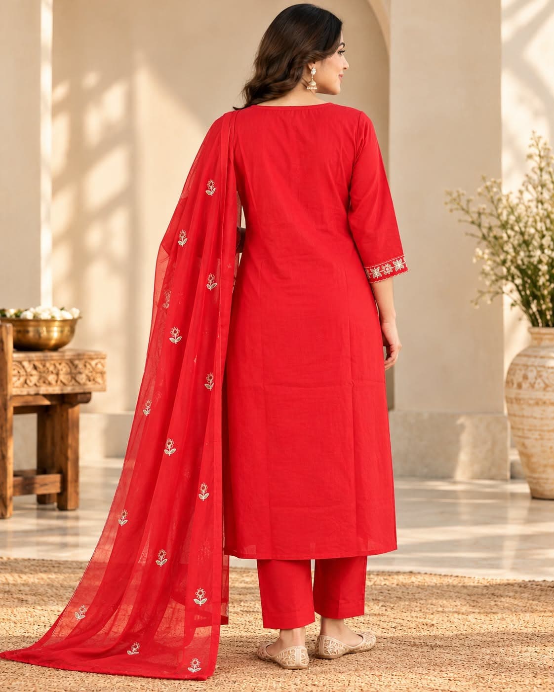 Elegant Red Mulmul Cotton Suit Set(M) - Image 3