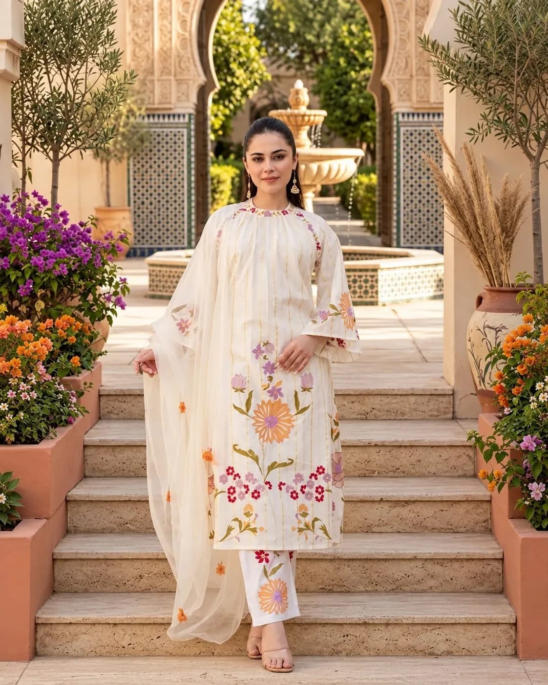 Elegant White Based SKD Set Kurti-M(M)