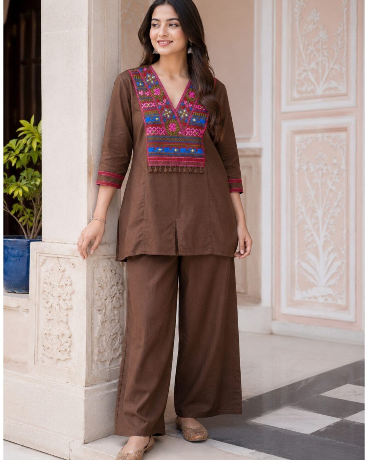 Co-ord Set Kurti Knee Length (Brown)(M)