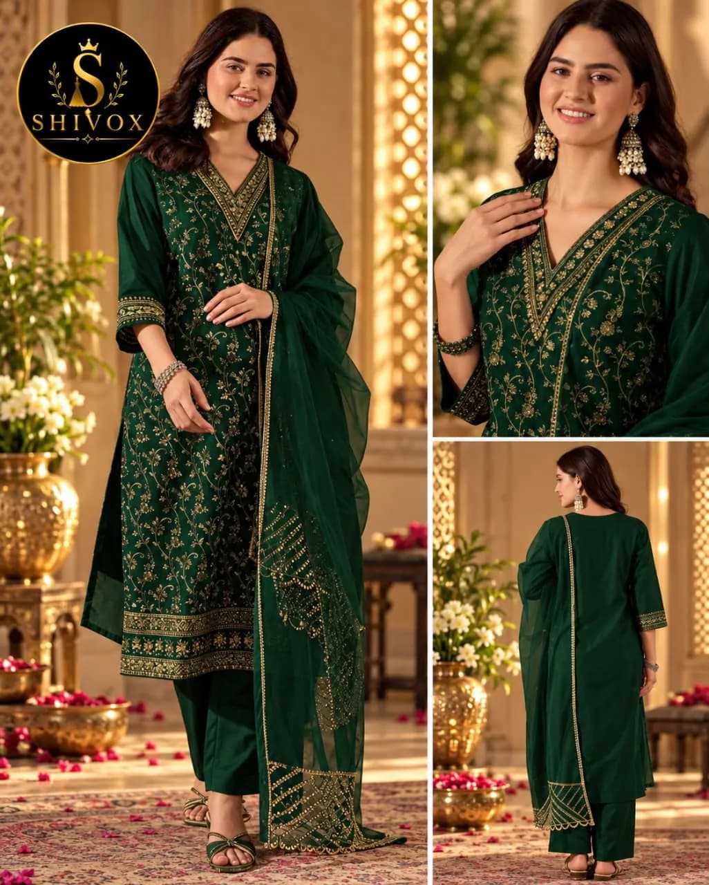 Elegant Bottle Green Chanderi Silk Three-Piece Set(M)