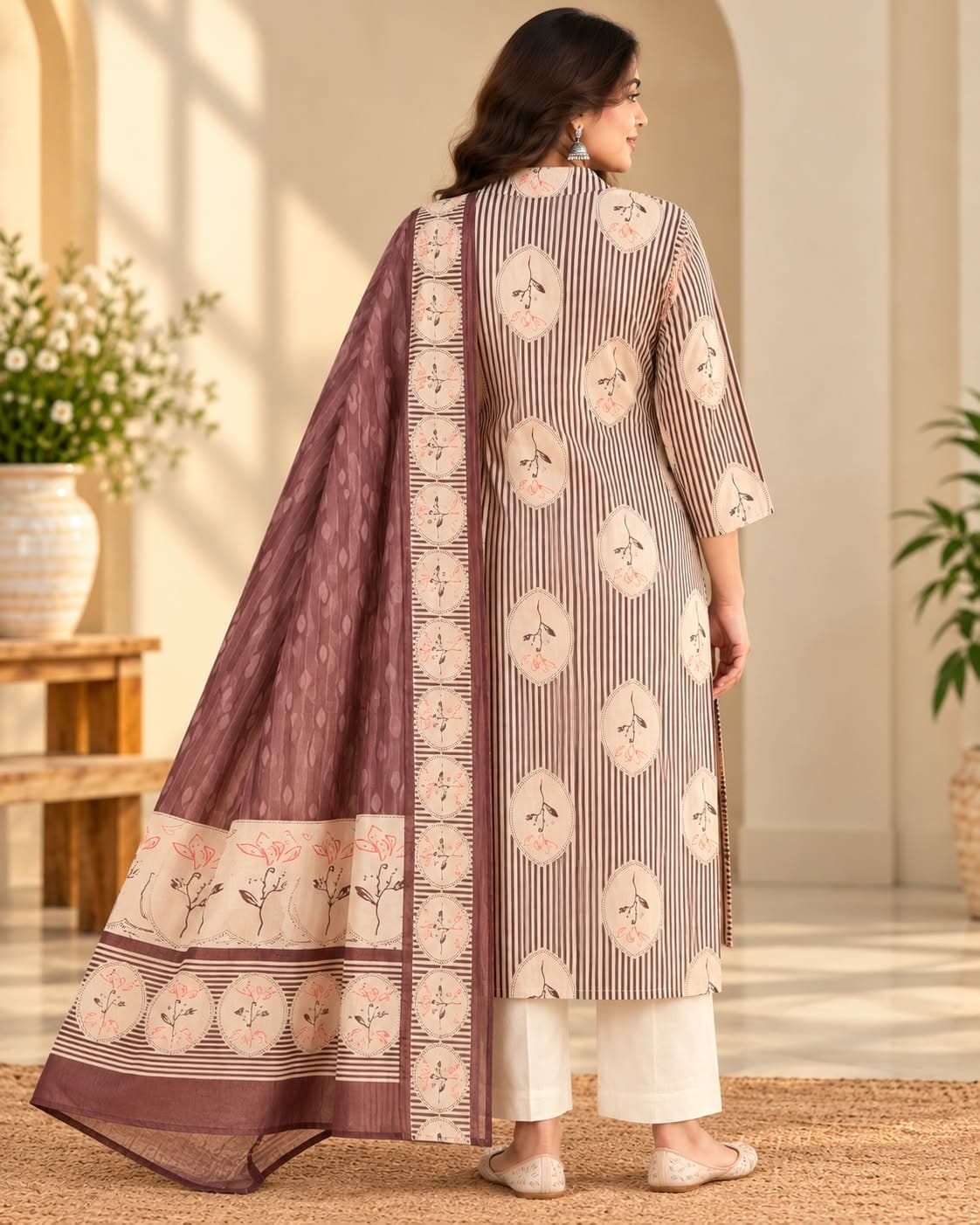 Elegant MulMul Cotton Three Piece Set(M/Maroon Brown) - Image 2