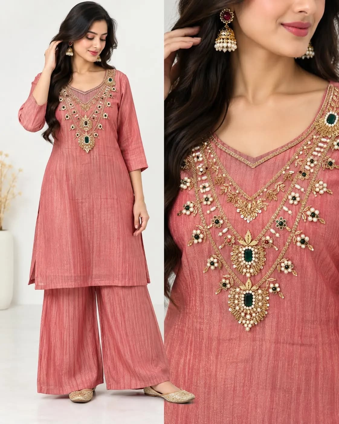 Salsa Silk Embellished Kurti & Palazzo Set(M/Dusty Pink)