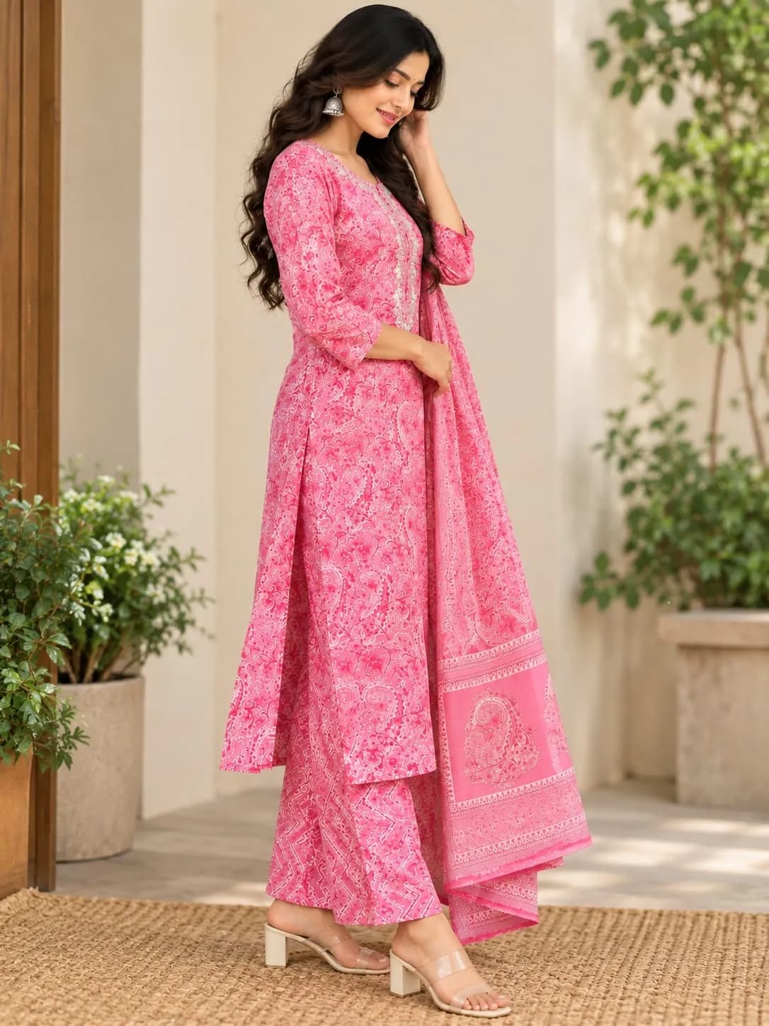 Cotton Three Piece Set Kurti - Pink(M) - Image 2